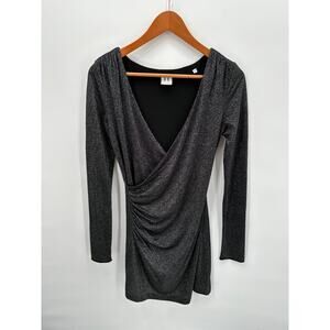 HALSTON HERITAGE Shimmer Faux Wrap V Neck Long Sleeve Bodycon Mini Dress // 4